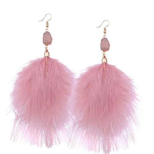 Boho peach pink dangling fluffy feather statement gold chain tassel earrings 